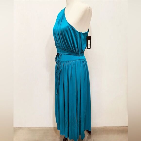 Halston Idalia One Shoulder Ruched Midi Dress Stretch Cocktail Blue Teal 10 NWT - Picture 8 of 13